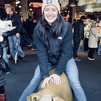 Alissa on Rachel the Pig at Pike Place Market, Seattle
