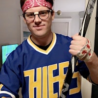 Michael on halloween dressed as a hockey player